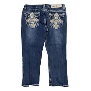 Miss Chic Y2K Cross Rhinestone Capri Jeans Womens Size 11 Blue Denim Embellished